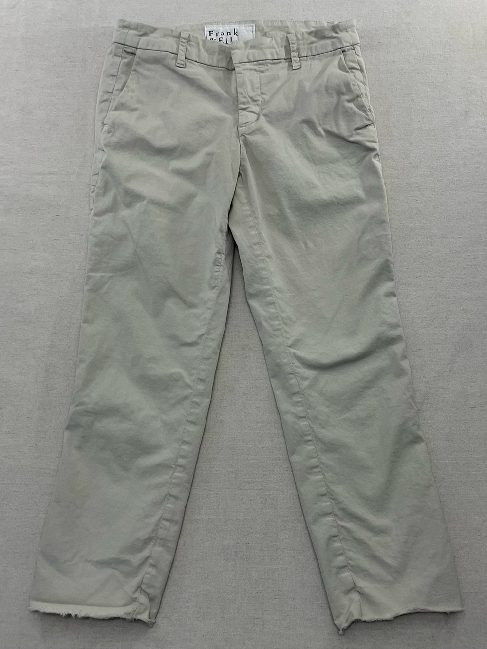 Frank & Eileen Wicklow Italian Cotton Chino Pants White Cream Raw Hem Sz 4 30x24